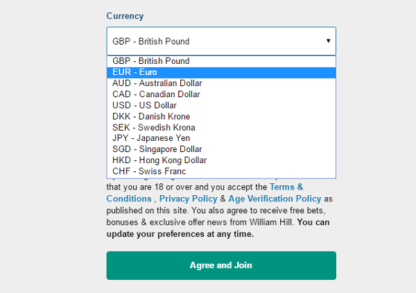 William Hill currencies